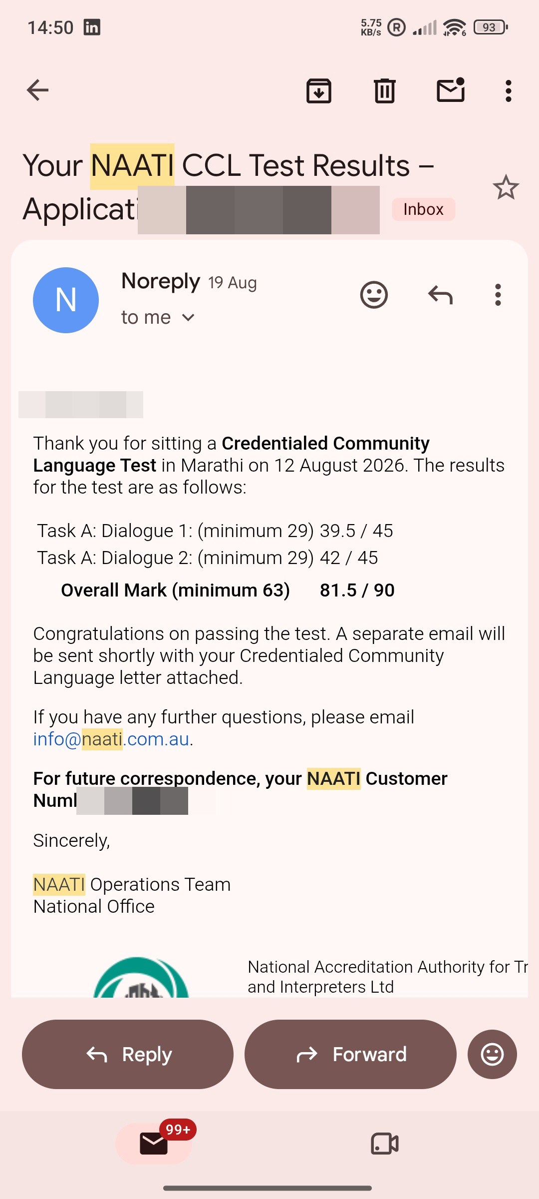 Exam result notice shared by S****y G*****e